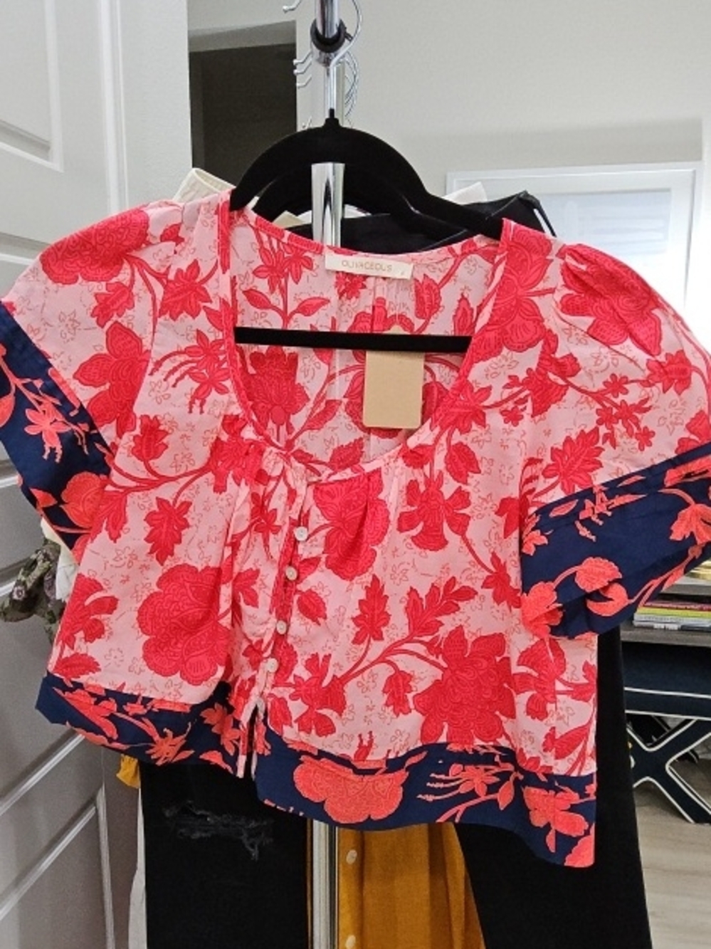 Olivaceous Pink and Red Floral Puff-Sleeve Crop Top with Navy Trim
